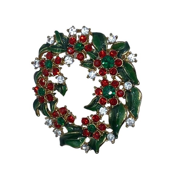 Christmas Wreath Brooch Red Green Rhinestone Pendant Option Gold Tone - Picture 1 of 2